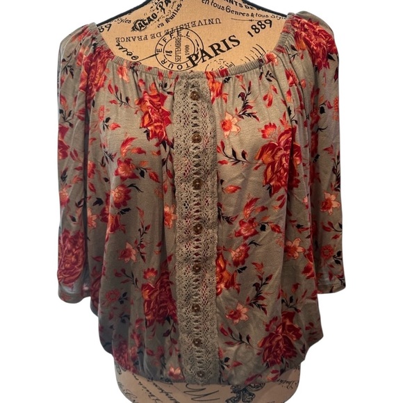 Mudd Floral Blouse with Lace Detail - Red and Gray - Picture 1 of 5